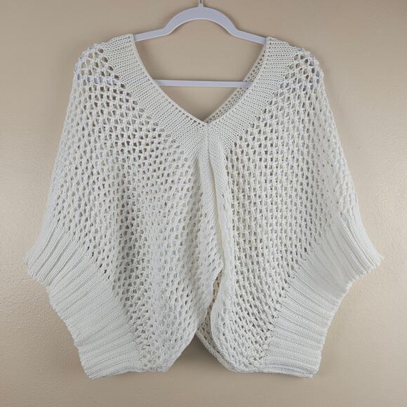 Open Knit White Cotton Poncho Sweater Short Sleeve Beachy Coastal OS - Picture 1 of 6
